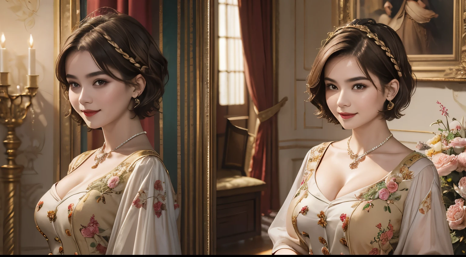 140
(a 20 yo woman,in the palace), (A hyper-realistic), (high-level image quality), ((beautiful hairstyle 46)), ((short-hair:1.46)), (kindly smile), (breasted:1.46), (lipsticks), (is wearing dress), (murky,wide,Luxurious room), (florals), (an oil painting、Rembrandt)