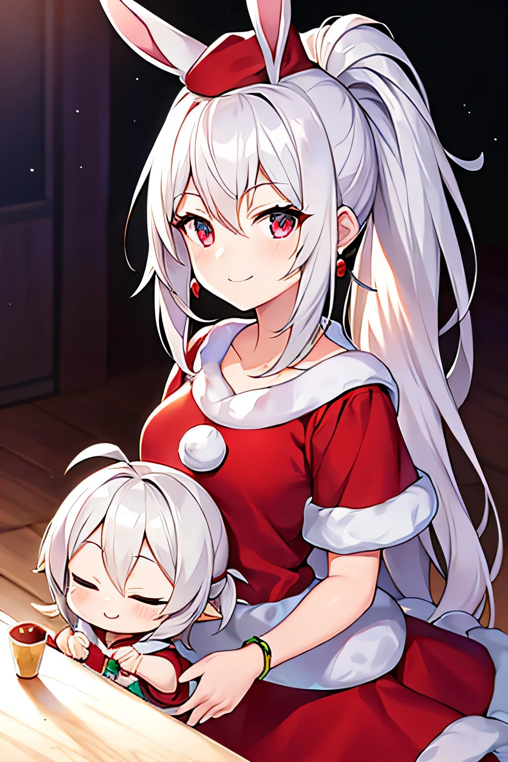 white hair girl, child,Rabbit, Half Dragon,light brown hair, Ponytail, santa hat, Mole under the eyes, earrings, lightsmile, Anime, Anime style, Tachi-e, One-person viewpoint, nffsw, masutepiece, ccurate, Textured skin, Super Detail, high details, High quality, Best Quality, 16 K