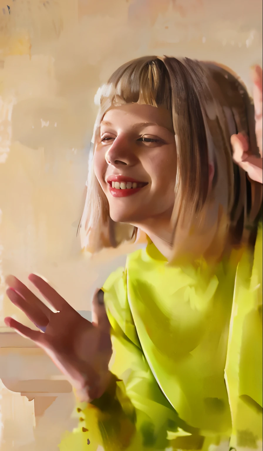 Aurora, aurora aksens, happy, blonde girl in yellow shirt waving and smiling while sitting on a couch, oil painting, watercolor, digital art, portrait, smiling playfully, aurora aksnes, she expressing joy, artistic interpretation, portrait a woman like reol, sofya emelenko, excited, music video, die antwoord yolandi visser, hands reaching for her, artistic depiction, waving and smiling, digitally painted