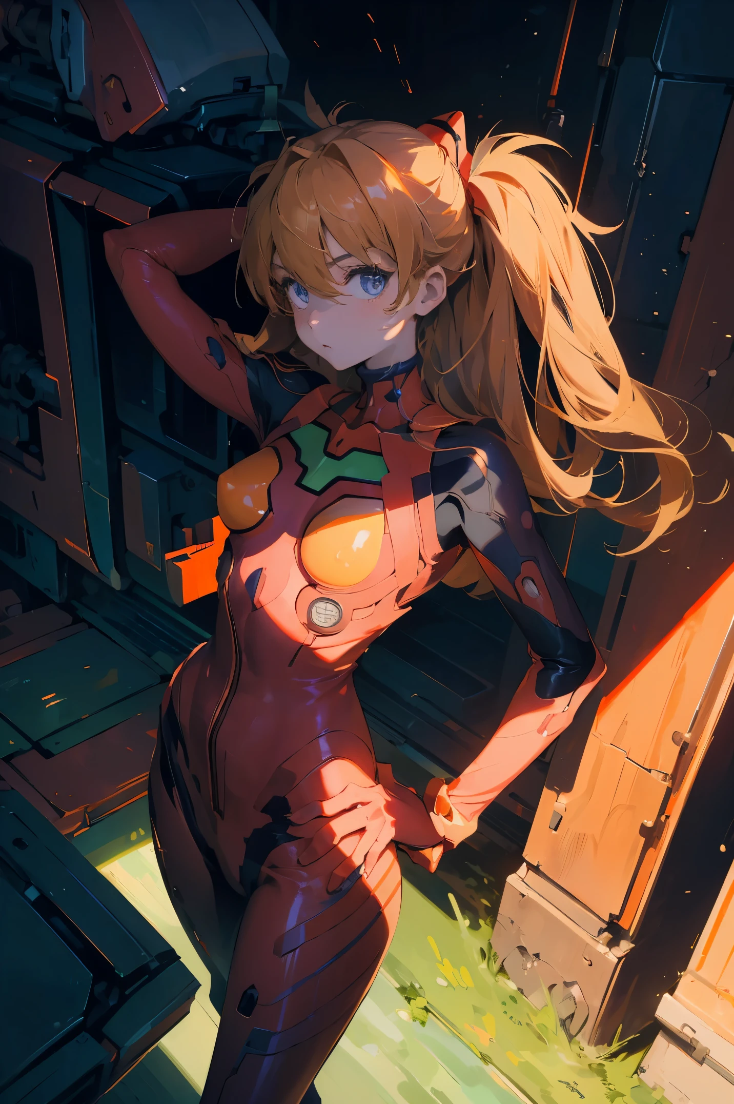 (masterpiece), best quality, expressive eyes, perfect face, 1girl, solo, souryuu asuka langley, interface headset, red bodysuit, hands on waist, standing, hand raised, pointed at the viewer, laboratory background,character sheet, portrait, looking at the viewer, from above