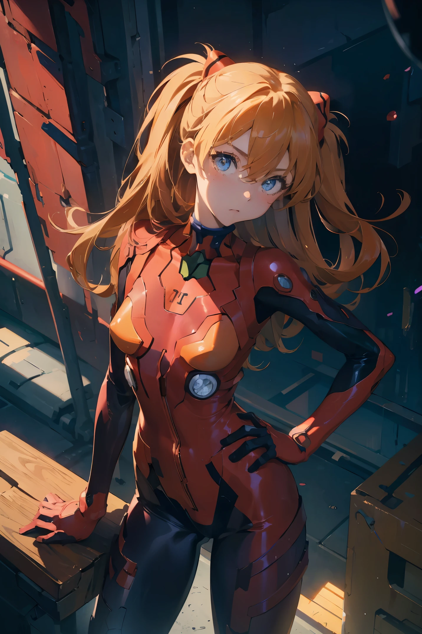 (masterpiece), best quality, expressive eyes, perfect face, 1girl, solo, souryuu asuka langley, interface headset, red bodysuit, hands on waist, standing, hand raised, pointed at the viewer, laboratory background,character sheet, portrait, looking at the viewer, from above