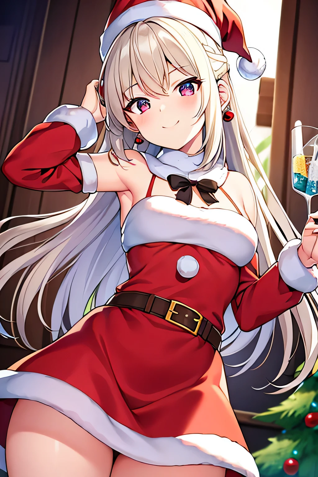 white hair girl, child,Rabbit, Half Dragon,light brown hair, Ponytail, santa hat, Mole under the eyes, earrings, lightsmile, Anime, Anime style, Tachi-e, One-person viewpoint, nffsw, masutepiece, ccurate, Textured skin, Super Detail, high details, High quality, Best Quality, 16 K