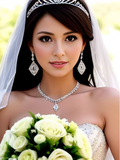Lebanese lady, earrings, naked, necklace, bracelets, diamonds, 40 years old, strapless wedding dress, tiara and veil, bouquet, western style wedding, bright colors