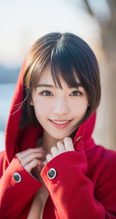 A realistic drawing of a  fierce, brooding, pretty dark haired woman.  Wearing a red hood cape, embellished with glittery embroidery. Dark brown eyes. Reminiscent of red riding hood. Close up dark moody vibe.  Must have eyes open and looking. 