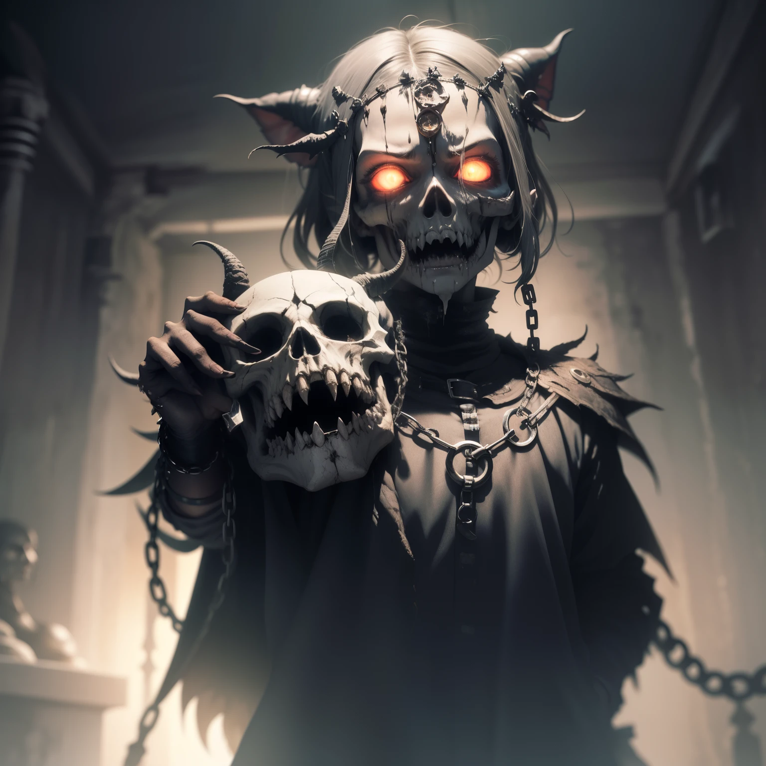 demonio, bestial skull, correntes ensanguentadas, preso, ossos Behemoth, manic eye aberration, membros suturados, tentacles, ossos, dentes, presas afiadas, acorrentado, expression of insanity, loucura, dungeon dungeon environment, 8k, qualidade ultra HD.