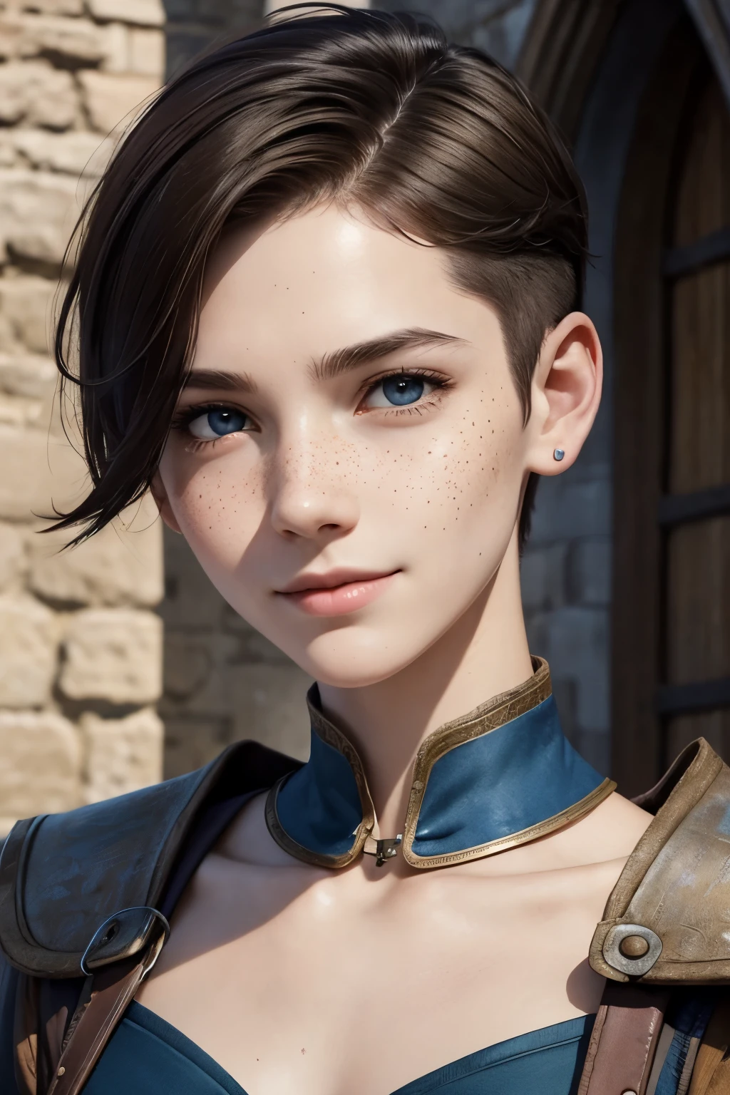 A young androgynous female woman. Fantasy setting. Very short hair. Short manly haircut. Dark-brown hair with a undercut. Very pale skin with freckles and liverspots. Round soft face. Round soft chin. Round soft cheeks. Curved lips. Long wide nose. Dark brown eyes. Upturned eyes. Very thin, barely visible eyebrows. Long neck. Small ears. Slim. Happy. Smiling. Tomboyish. Wearing tight fantasy medieval clothing. Background: A medieval village with a church. Blue sky.