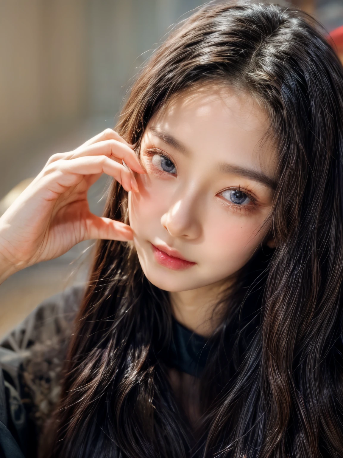 masterpiece、8K、32K、top-quality、(A detailed eye)、(A cute Japanese woman、bangss:1.3)、23years old、1 girl in、elegent、(Detailed background depiction、portlate:1.2)、(illuminations:1.5)、Cheerful
