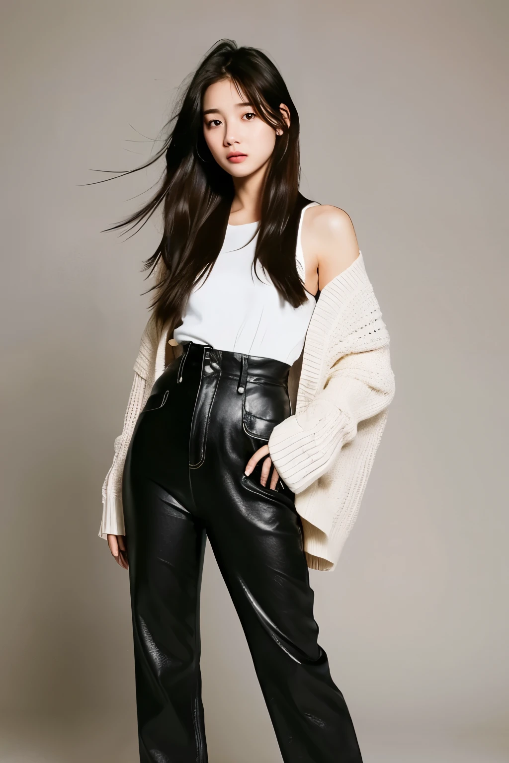 Imagina a una adolescente con rasgos coreanos, bellamente similar a Jang Wonyoung. Su largo cabello negro con mechas moradas destaca, al igual que sus ojos morados, tiernos pero con un toque de frialdad. Viste un top blanco, campera negra y pantalones de jean largos. This combination projects an angelic image with a modern and unique touch..