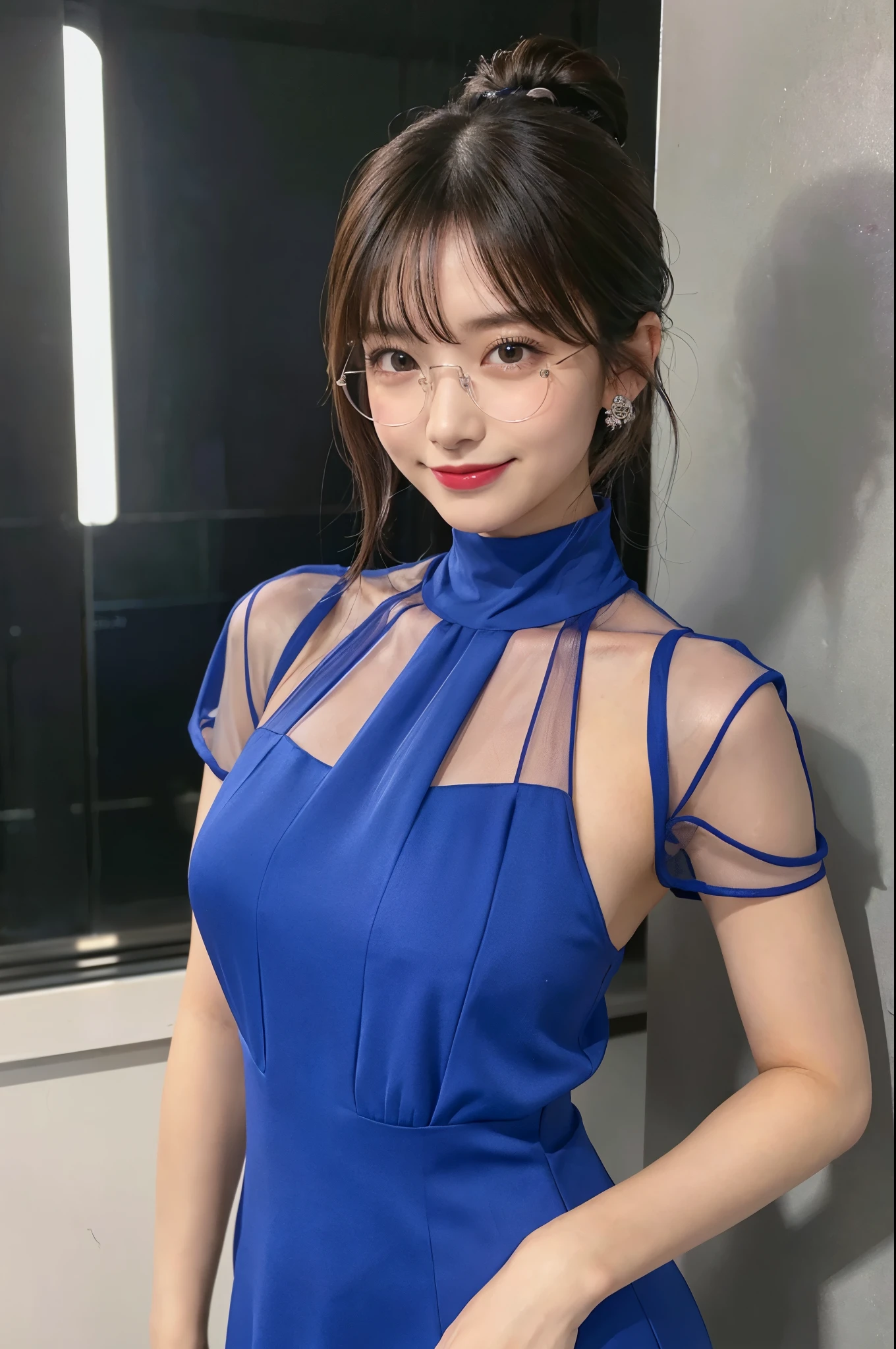 ulzzang -6500-v1.1, (Raw photo:1.2), (Photorealsitic), (See-through:1.3), (Real:1.4), ((FULL BODYSHOT:1.6))、１Girl in glasses、22year old、game_nffsw,  Round glasses(eye detailed),  (Very affectionate smile:1.2)、(royal blue high neck long slit dress:1.3),  (Ultra-realistic pantyhose:1.2),   (high-heels:1.2), (I keep my hair up and short)、Turn around at the party venue、huge filesize, hight resolution, ighly detailed, top-quality, [​masterpiece:1.6], illustratio, ighly detailed, nffsw, finely detail, top-quality, 8k wallpaper, Cinematographic lighting, cute droopy eyes beautiful big eyes、Pieckfinger, ((masutepiece)), Best Quality, 1girl in, eye shadow, realistic skin textures、shinny skin、Exposed thighs!!! , make - up、