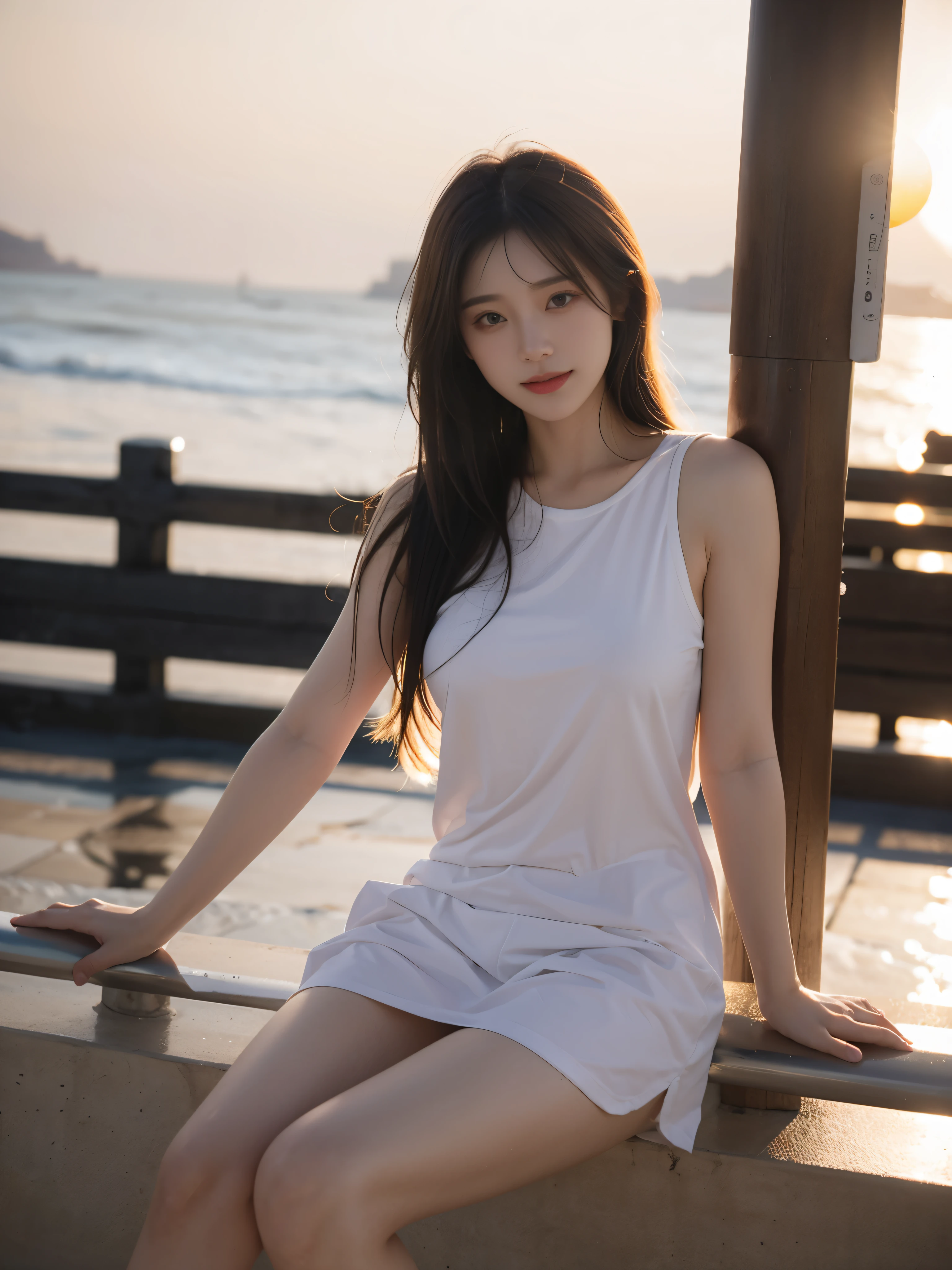 夏天,the sunset,seaside railing,Intense light and shadow,Render sunlight across the entire screen,girl,从girl侧面拍摄的特写,girl可爱而浪漫,Grinning,Lying on the railing,The composition is centered,in background blur,Highlight people,Long dark brown hair blown by the wind,Clothing that exposes