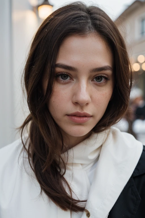 ((best quality)), ((masterpiece)), (detailed), perfect face realistic photo of beautiful woman with long dark brown hair, Russian, influencer, light freckles, dark brown eyes, big lips, no makeup, instagram, in st moritz, wearing winter outfit by balenciaga