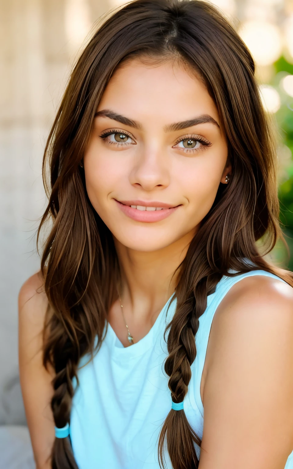 Cara de mujer hermosa, brunette color, brown hair with lighter highlights, ojos color marrones claros , peinado dos trenzas pegadas en la cabeza de adelante hacia atras, sonrisa hermosa simpatica, una foto mirando la camara y otras casuales