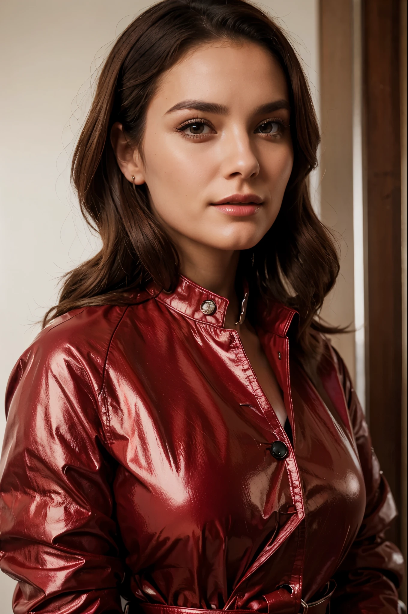 60 year woman, buttoned shiny red jacket, photorealistic beautiful face, belted