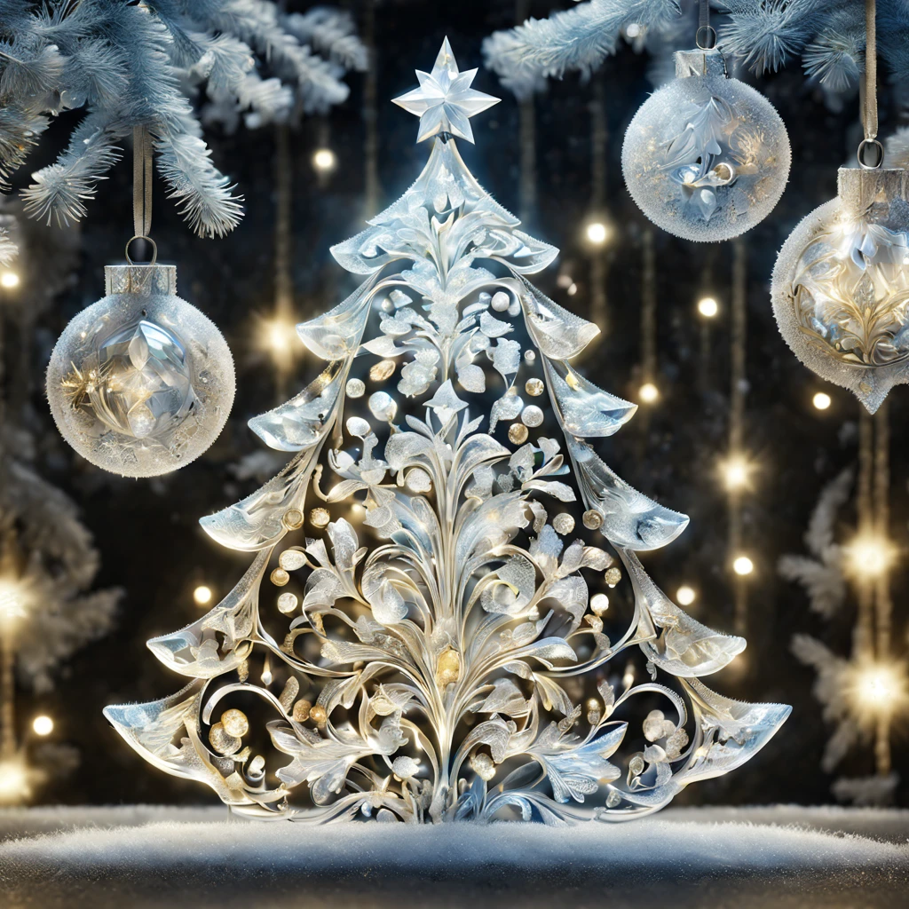 Christmas tree and decorations made of glass:transparent and beautiful:Complex pattern:Decorate with gold, silver, and jewels,芸術的なopticと影,stele,yuki,a hologram,やわらかくopticる,FrostedStyle,photoRealstic,Studio Lighting,Piece of art,optic,Fancy details,Magical,​masterpiece,金属optic沢
