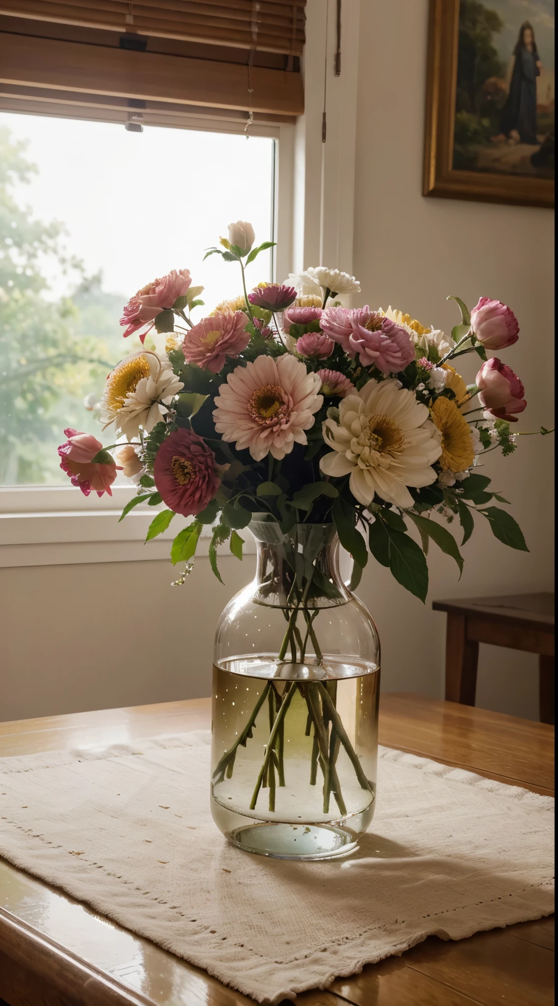 (Best quality at best,A high resolution,ultra - detailed,actual), On the table was a vase,There are apples inside, Realistic paintings by Alison Geisler, shutterstock contest winner, Photorealism, Still life photography, dahlia flower, still life with white vase, Magnificent composition, Still Life Photo Gallery, Still life with flowers, dslr photo of a vase on a table, summer morning light, lpoty