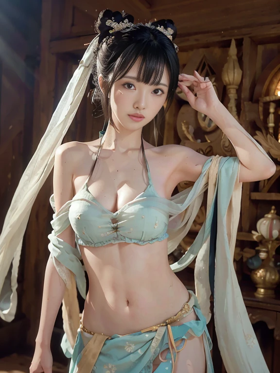 Bust photo, a beautiful woman, messy hair, girly, symmetrical bun, hair accessories, jewelry, delicate face, eye shadow, delicate cyan top, bare shoulders, navel, bare belly, Dunhuang style, a lot of streamers, delicate skin, soft light effects, delicate and smooth hair, delicate details, eye highlights, fair skin, fine portrayal, extreme details, cinematic quality, thin, slender, broken, hair details, thin bangs, shawl hair, correct body, shadows, air bangs, 8K, super detailed, Fine fabric texture, soft, supple, smooth texture, Dunhuang style, delicate pattern, correct hand painting, smile, tsurime, Surrealism, ray tracing, UHD, high details, super detail, highres, 8k, high quality, high details, textured skin, ccurate