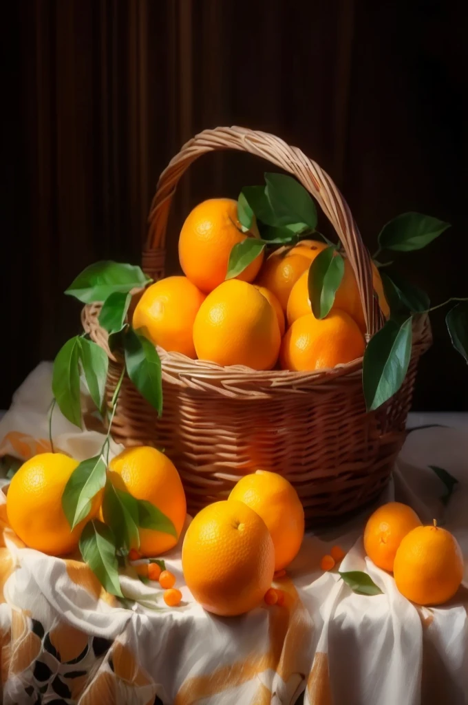 there are many The oranges in a basket on a table, The oranges, The orange, professional the fruits photography, the fruitss in a basket, The orange theme, author：Gerasimov, The orange plants, a the fruits basket, the fruits basket, Still life photography, the fruits, The orange and white, author：Serhiy Vasieckievsky, peeled The oranges, Beautiful images, author：Vladimir Borovykovsky，photorealestic，photorealestic照片，4K分辨率，Motion picture film