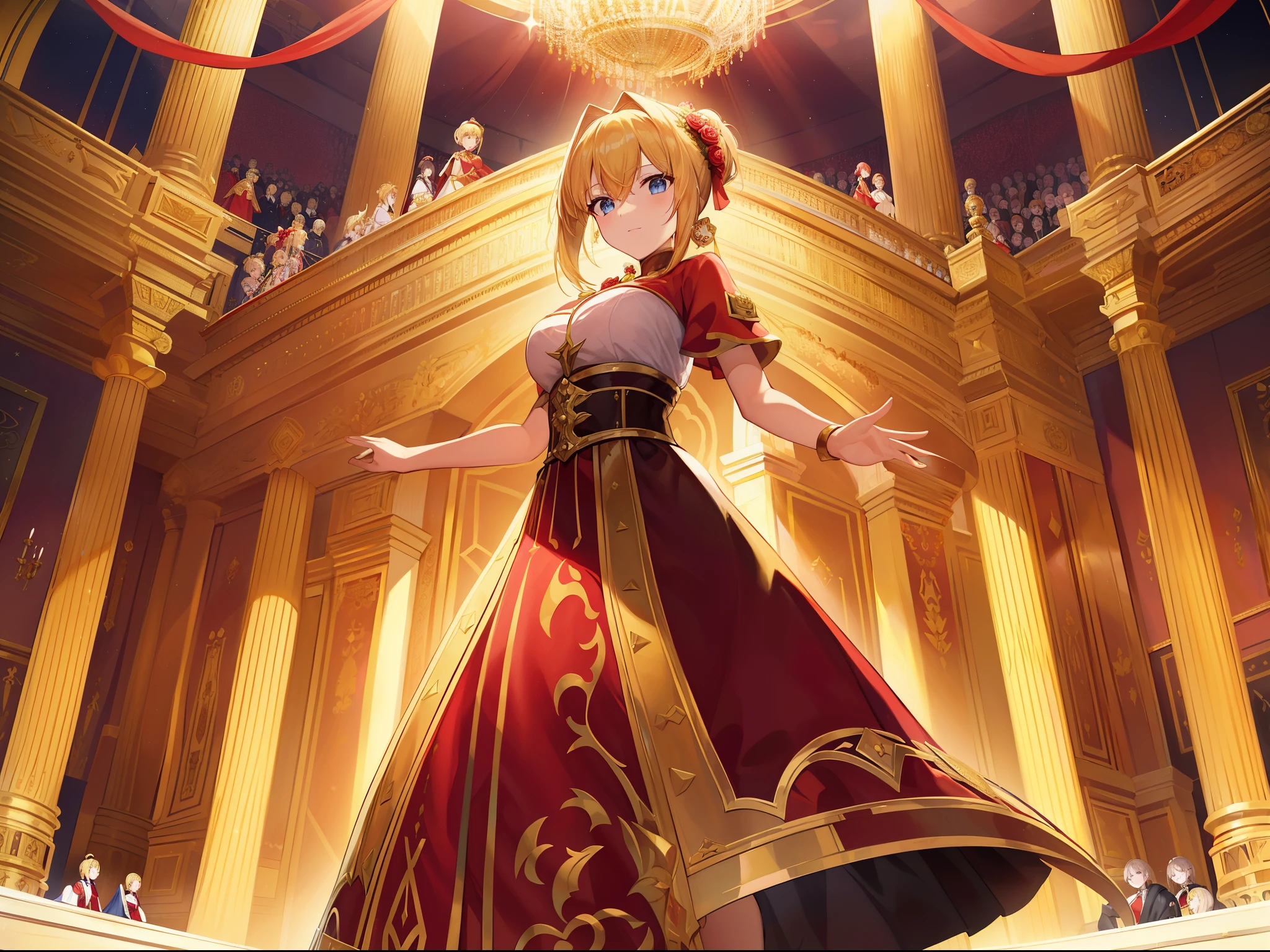 top-quality、Top image quality、​masterpiece、rome、Domus Aurea、golden theater、Red Rose、Fate/Grand/Order、Nero Claudius、the emperor、a blond、tied ponytail、blue eyes、爆乳、RED dress、Red Rose、Thrice、Welcoming the setting sun、Unique barrier、chant、A flowery empire where children sing(Louth St. Claudius）、Look at my talent！Hear the thunderous applause！But praise me！golden theaterを！『A flowery empire where children sing、Look at my talent! Hear the thunderous applause! But praise! A golden theater! “The Empire of Flowers Singing as a Baby Girl”