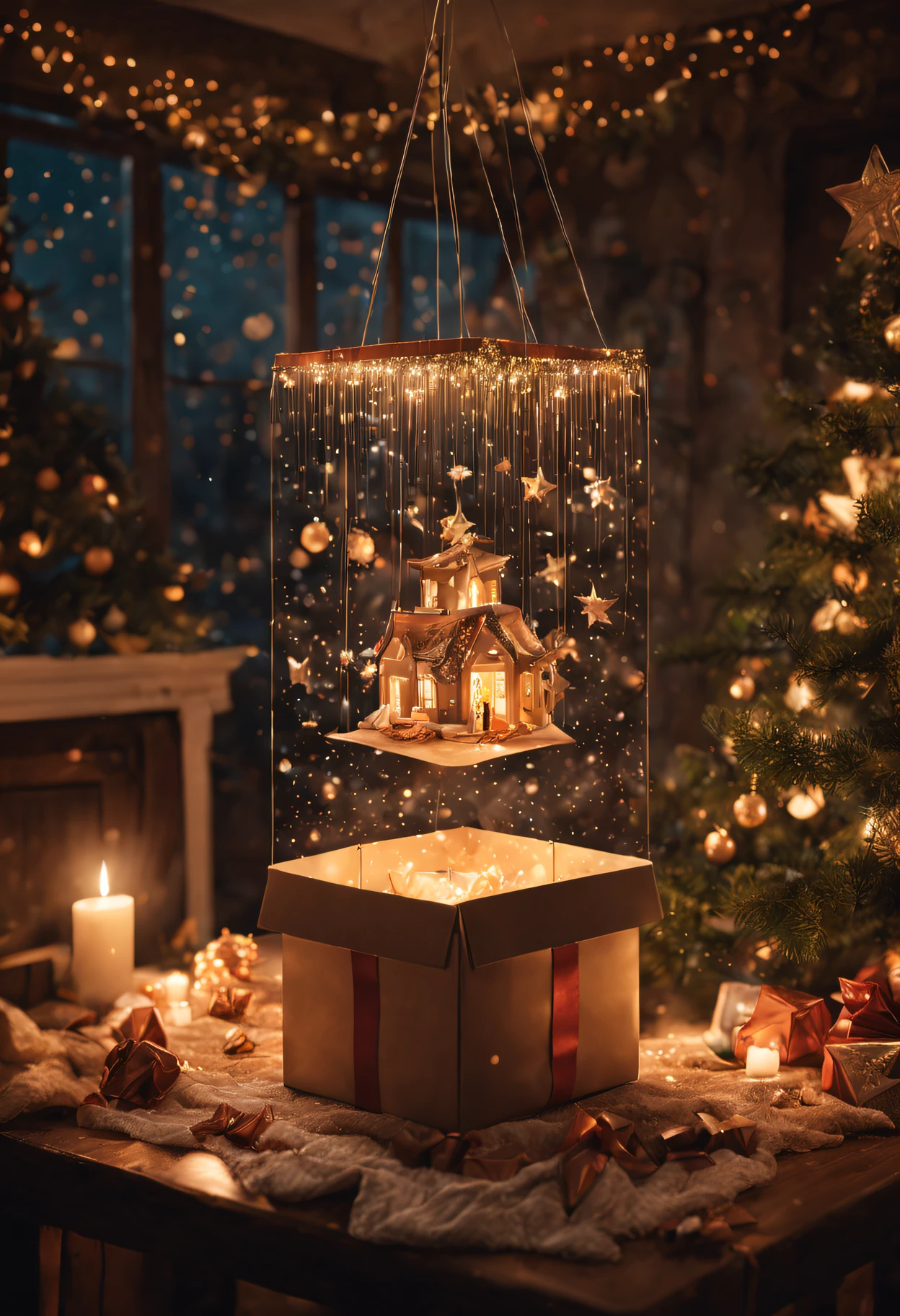 masterpiece, photorealistic, concept art,  Picture a magical moment in time, where a beautifully adorned surprise gift box bursts open, unveiling a shower of smaller gifts suspended in mid-air. Capture the spirit of excitement and anticipation in this image using a warm and soft lighting style, intricate details, and a touch of sparkle. Draw inspiration from the artistic techniques of Audrey Kawasaki and Amy Sol to create a scene that is both enchanting and trending on artstation, living room with Christmas decoration, epic composition, epic proportion, HD