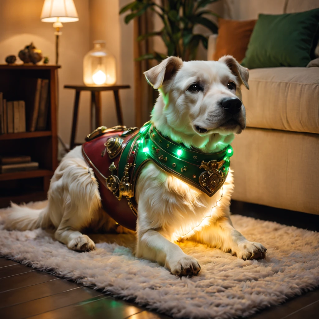圣诞节的礼物是一个可爱的机械狗饰有rot色蝴蝶结,Soft glowing lights and sparkling accessorieright colors(rot、green、golds),Mechanical dog is placed on a cozy rug,Scene created by soft lighting