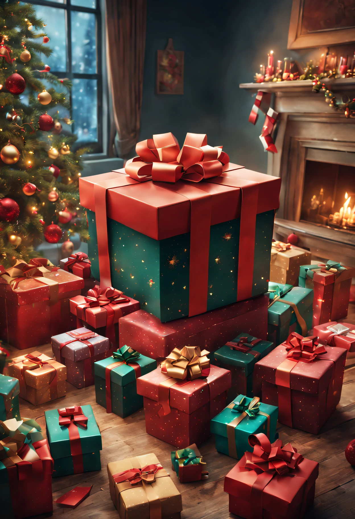 masterpiece, photorealistic, concept art,  Picture a magical moment in time, where a beautifully adorned surprise gift box bursts open, unveiling a shower of smaller gifts suspended in mid-air. Capture the spirit of excitement and anticipation in this image using a warm and soft lighting style, intricate details, and a touch of sparkle. Draw inspiration from the artistic techniques of Audrey Kawasaki and Amy Sol to create a scene that is both enchanting and trending on artstation, living room with Christmas decoration, epic composition, epic proportion, HD