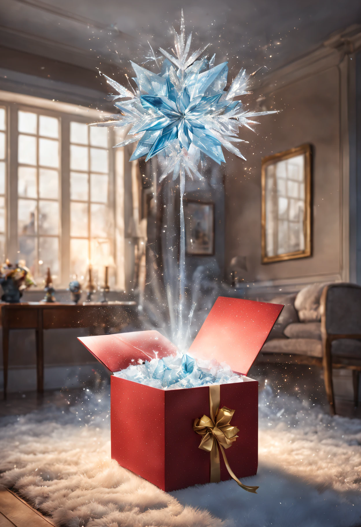 masterpiece, photorealistic, concept art,  Picture a magical moment in time, where a beautifully adorned surprise gift box bursts open, unveiling a shower of smaller gifts suspended in mid-air. Capture the spirit of excitement and anticipation in this image using a warm and soft lighting style, intricate details, and a touch of sparkle. Draw inspiration from the artistic techniques of Audrey Kawasaki and Amy Sol to create a scene that is both enchanting and trending on artstation, living room with Christmas decoration, epic composition, epic proportion, HD