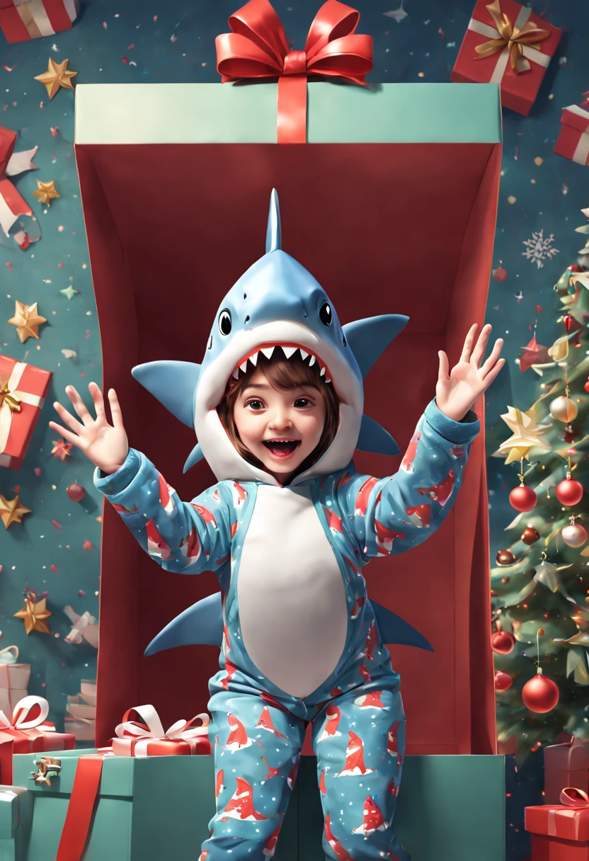 a girl wearing a shark pajamas in a big Christmas gift box, spreading her arms open, intricate, (masterpiece, Representative work, official art, Professional, unity 8k wallpaper:1.3)