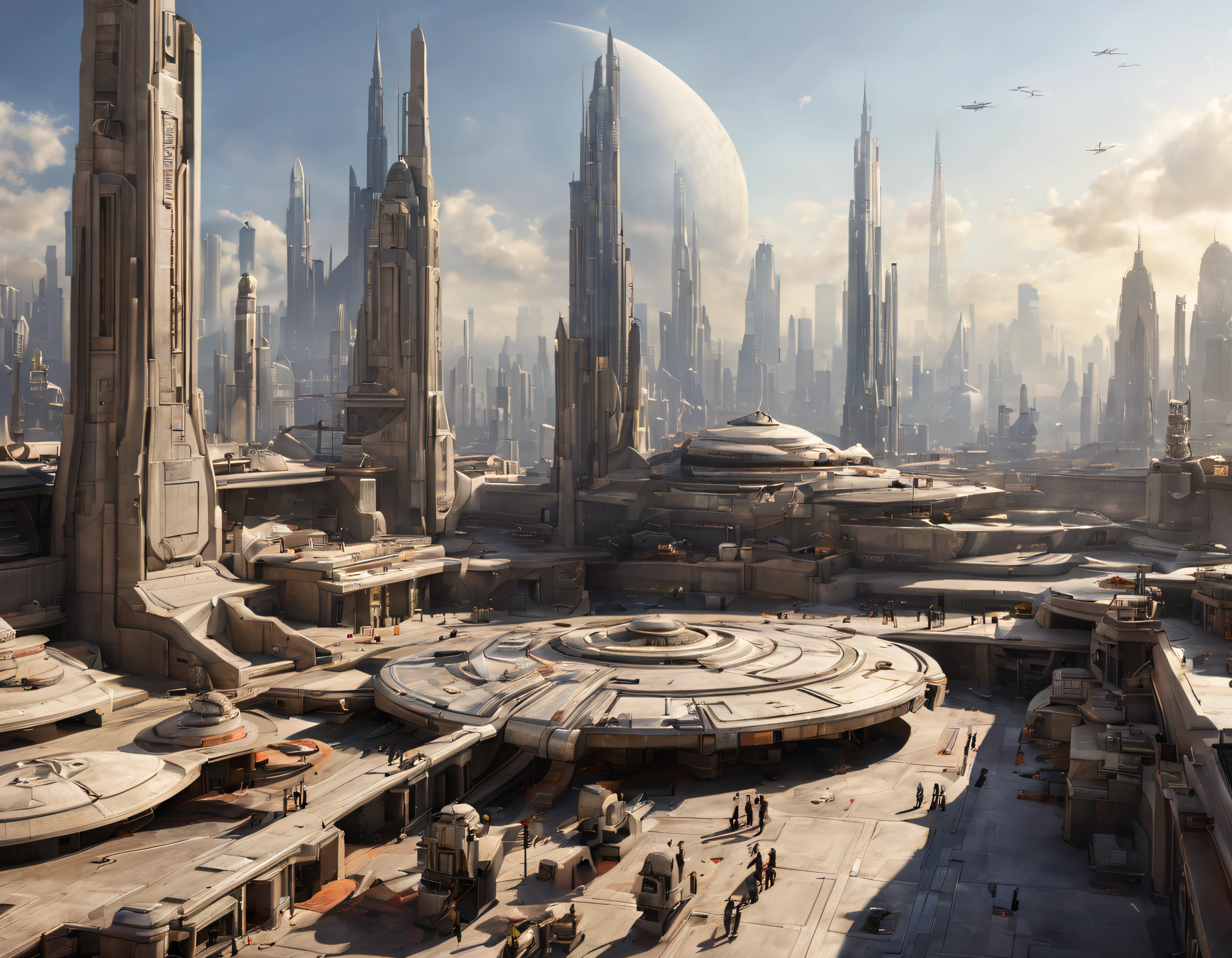 de una terraza de la ciudad de coruscant de star wars, con sus inmensos edificios futuristas, divisandose el templo jedi de coruscant, con una inmensa nave alargada posada en sus inmediaciones, (Design by Doug Chiang), edificios del fondo nitidos y bien definidos, intrincados detalles de la maquina de la mas alta calidad, estilo cinematografico, nitidez absoluta, imagen 8k. (obra maestra de superior calidad).