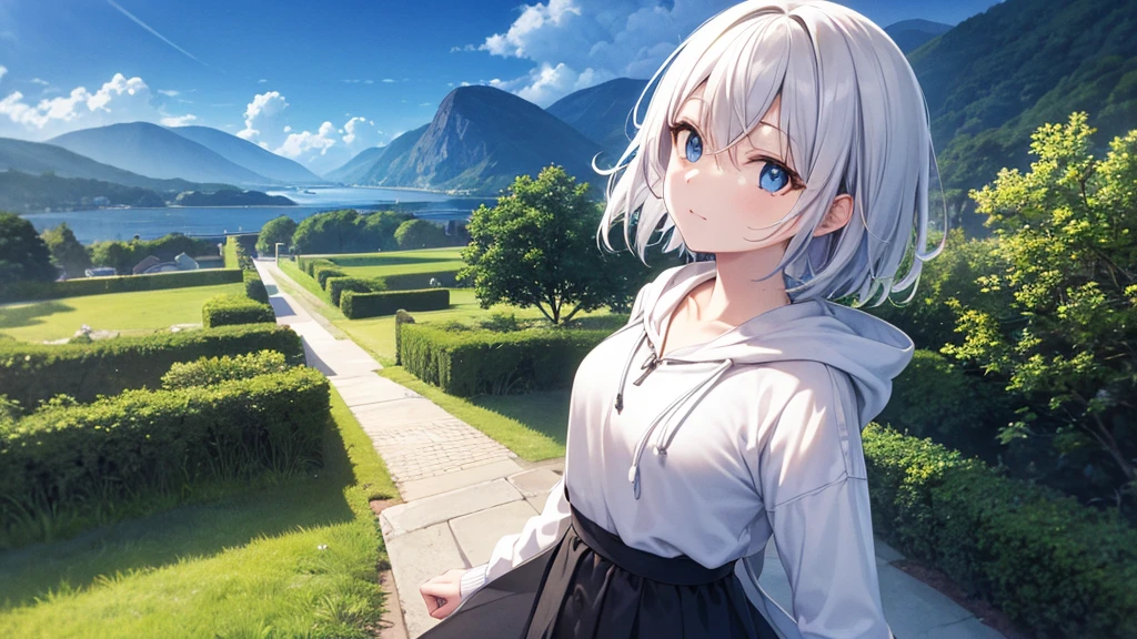 Ultra-high image quality,Look at viewers, hands behind back, girl with, 20 years old, Very short hair, long bangs between eyes, pale blue eyes, Hoodie, Skirt , White hair、Fantastical,,Black eyes, White hoodie,a black skirt,Hair is short,Condescending from above,White jacket, Casual style,Open jacket, Fluttering hair、a small face ,profetional lighting,fantastic landscape,Blue sky, Sunlight,look down from above,portraitures