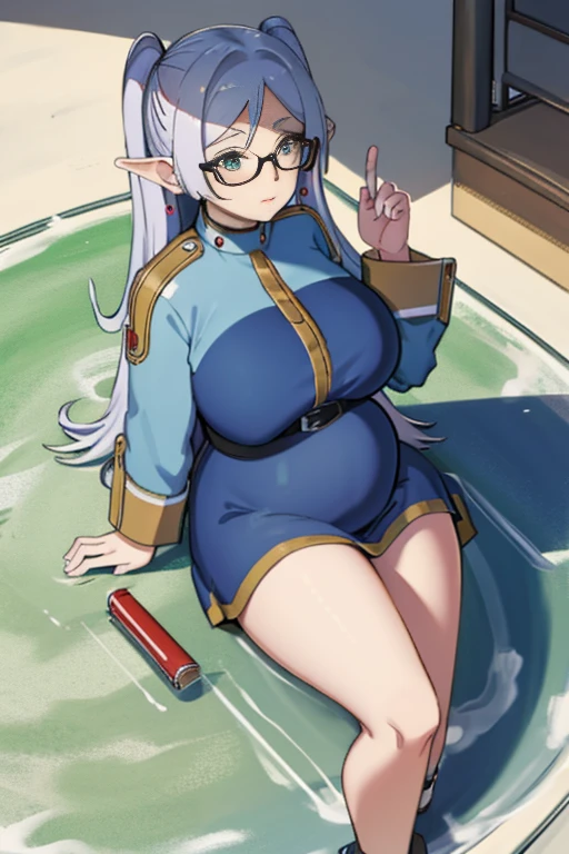 (Masterpiece) Giant maiden，Moe two-dimensional style，Pregnancy status，Round belly, Huge breasts, Thick thighs，Gaze at the bustling city, Lying down, Glasses, Full body