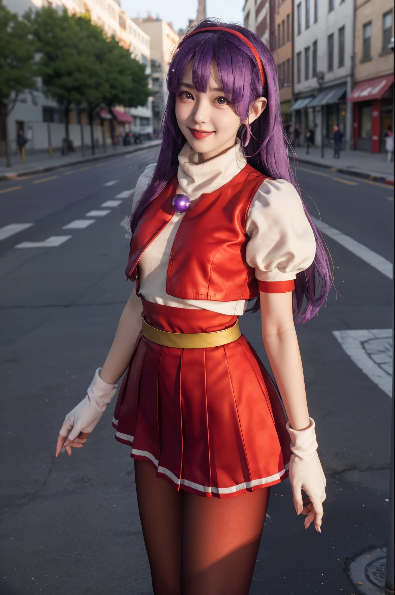 (masterpiece), (best quality), (ultra-detailed), intricate detail, athena97, 1girl, solo, purple eyes, purple hair, long hair, white earrings, red hairband, star hair ornament, medium breats, red vest, white turtleneck, white puffy sleeves, short sleeves, red pleated skirt, (deep red pantyhose:1.2), black pantyhose, yellow belt, purple sphere shape necklace, red fingerless gloves, white short socks, red shoes,   (outdoors), photography, smile, blush, sunny, nsfw, cowboy shot, blurry background, street background,