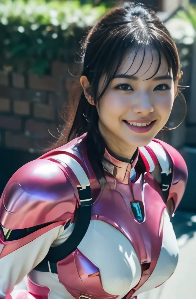 pink power range lemele、Realistic, shiny dark pink and white suit、Power Rangers Bodysuit、professional photograpy、Does not expose the skin, Japanese Models,The skin is not exposed、fleshy body, A smile、Colossal tits、A dark-haired、s Office、Sweaty face、Wet hair