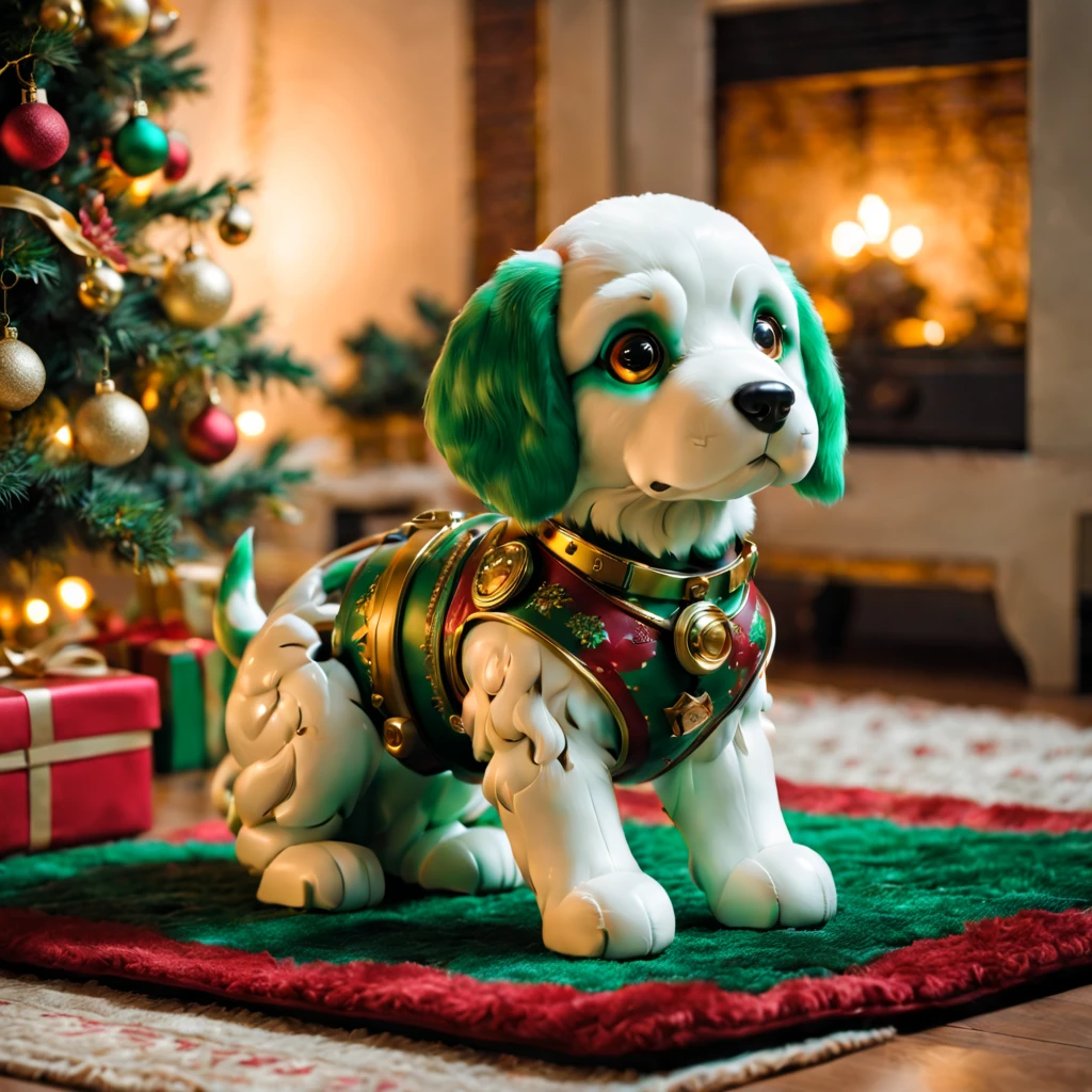 Christmas gift is a cute mechanical dog,饰有rot色蝴蝶结,Bright colors(rot、green、golds),Mechanical dog is placed on a cozy rug,Scene created by soft lighting
