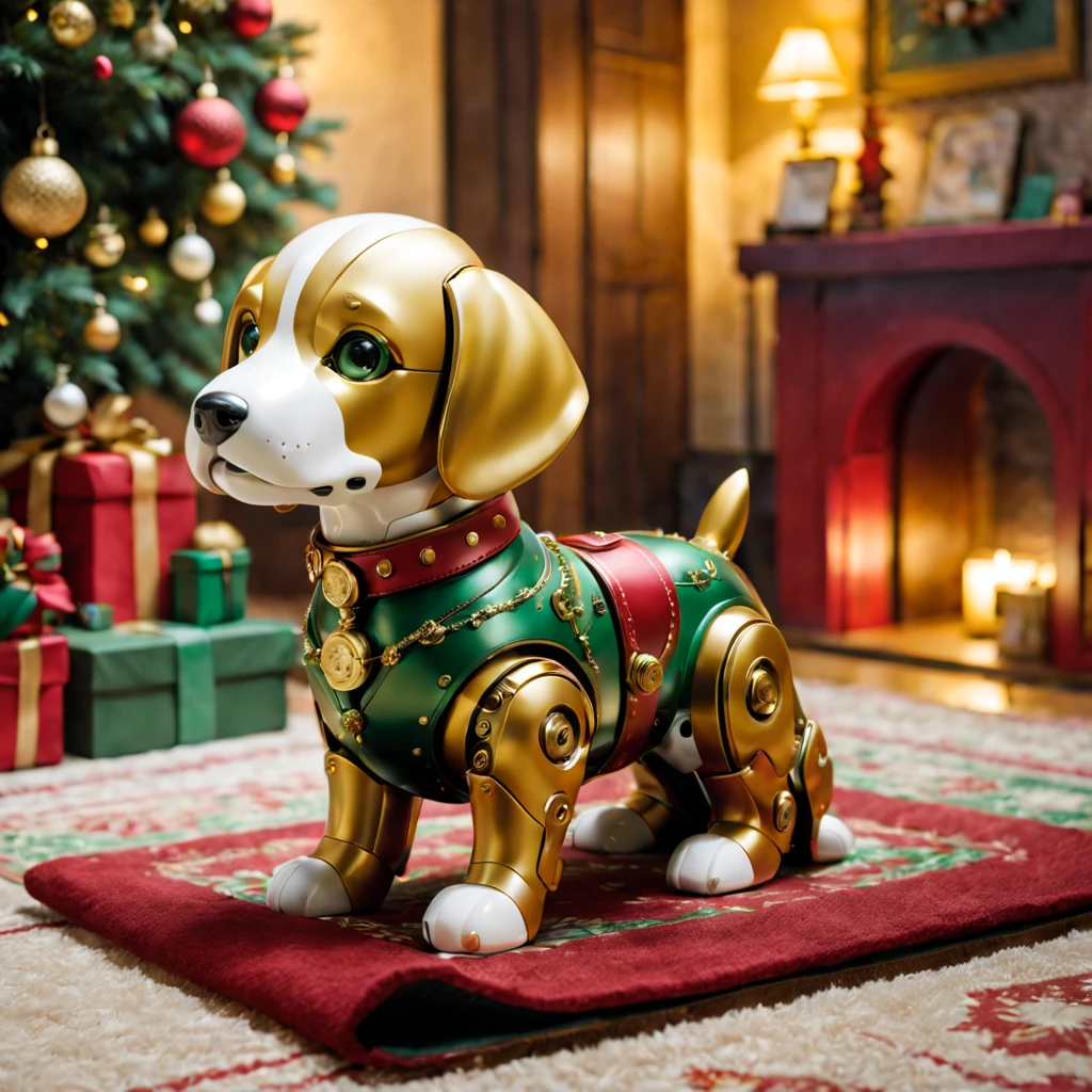 Christmas gift is a cute mechanical dog,饰有rot色蝴蝶结,Bright colors(rot、green、golds),Mechanical dog is placed on a cozy rug,Scene created by soft lighting