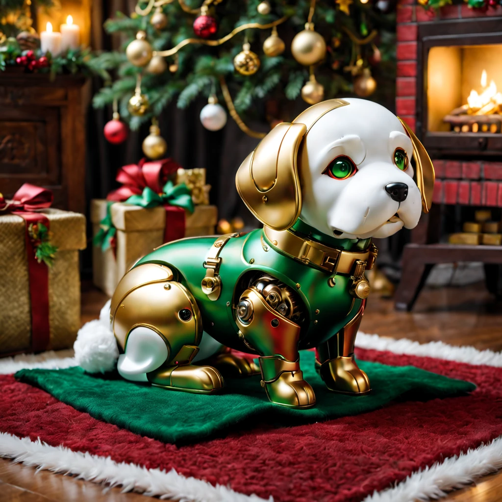 Christmas gift is a cute mechanical dog,饰有rot色蝴蝶结,Bright colors(rot、green、golds),Mechanical dog is placed on a cozy rug,Scene created by soft lighting