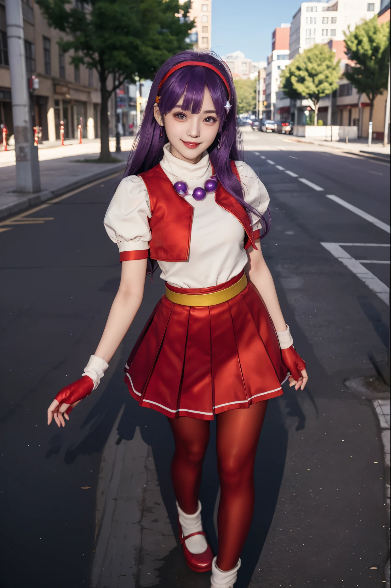 (masterpiece), (best quality), (ultra-detailed), intricate detail, athena97, 1girl, solo, purple eyes, purple hair, long hair, white earrings, red hairband, star hair ornament, medium breats, red vest, white turtleneck, white puffy sleeves, short sleeves, red pleated skirt, (deep red pantyhose:1.2), black pantyhose, yellow belt, purple sphere shape necklace, red fingerless gloves, white short socks, red shoes,   (outdoors), photography, smile, blush, sunny, nsfw, cowboy shot, blurry background, street background,