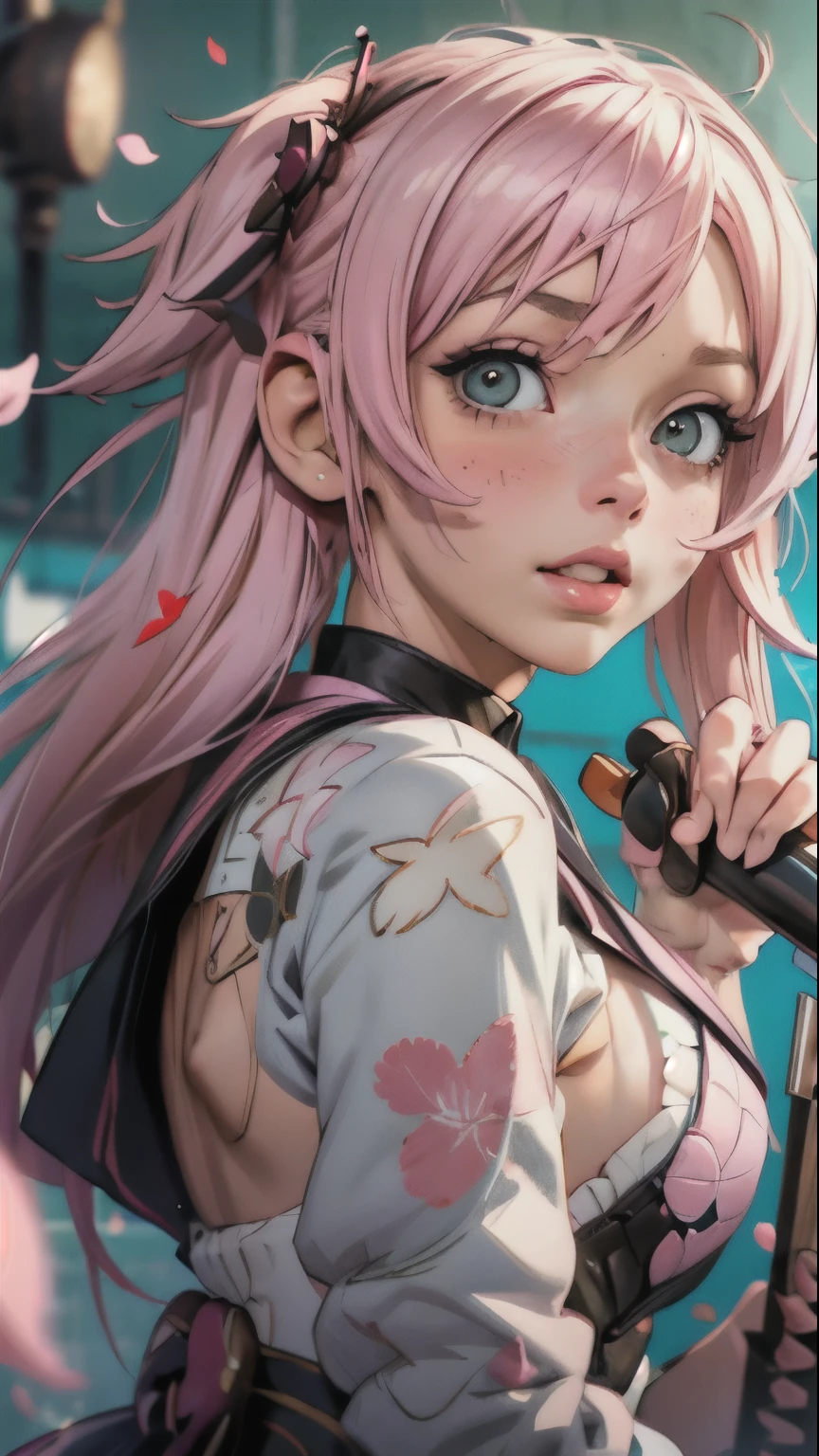 anime girl with pink hair and green eyes posing for a picture, haruno sakura, best anime 4k konachan wallpaper, seductive anime girl, marin kitagawa fanart, sakura petals around her, splash art anime loli, anime style 4 k, anime moe artstyle, high quality anime artstyle, detailed anime artwork, anime wallaper, anime best girl