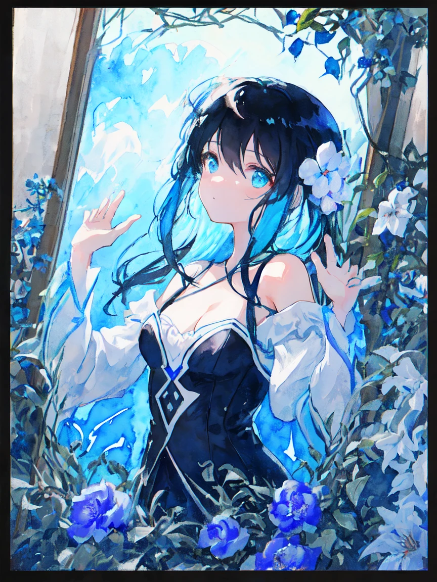 [(white backgrounid:1.4)::5], [(transparent background:1.3)::5],
\\
tmasterpiece,Best quality at best,extremely detaild的 CG unified 8k wallpapers,white the hair,long_the hair,the hair glass flower,Cyan eyes,small,ink and watercolor painting,Blue Themes,Big Cleavage_Manteau,glass ground,1个Giant Breast Girl,flat shading,The upper part of the body,of shoulders,hiddenhands,pretty eyes,dynamicposes，黑色the hair，glossy black hair