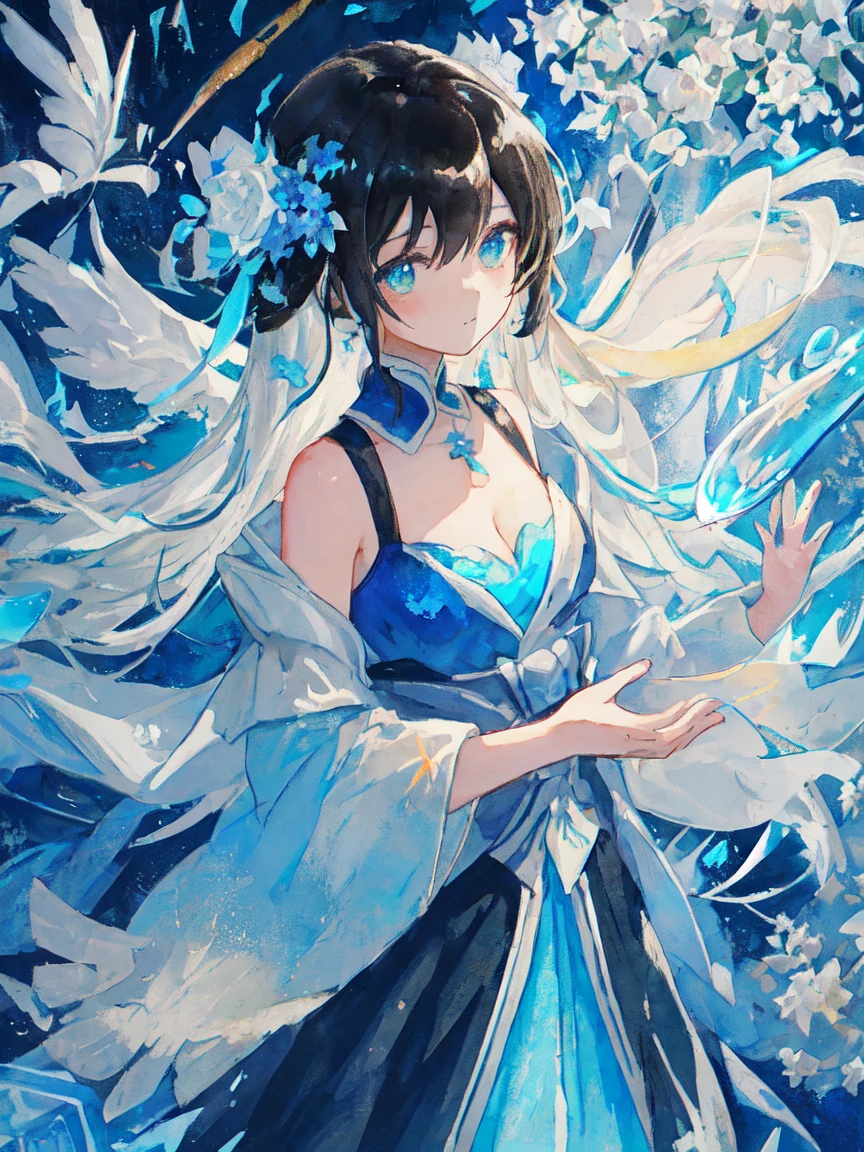 [(white backgrounid:1.4)::5], [(transparent background:1.3)::5],
\\
tmasterpiece,Best quality at best,extremely detaild的 CG unified 8k wallpapers,white the hair,long_the hair,the hair glass flower,Cyan eyes,small,ink and watercolor painting,Blue Themes,Big Cleavage_Manteau,glass ground,1个Giant Breast Girl,flat shading,The upper part of the body,of shoulders,hiddenhands,pretty eyes,dynamicposes，黑色the hair，glossy black hair