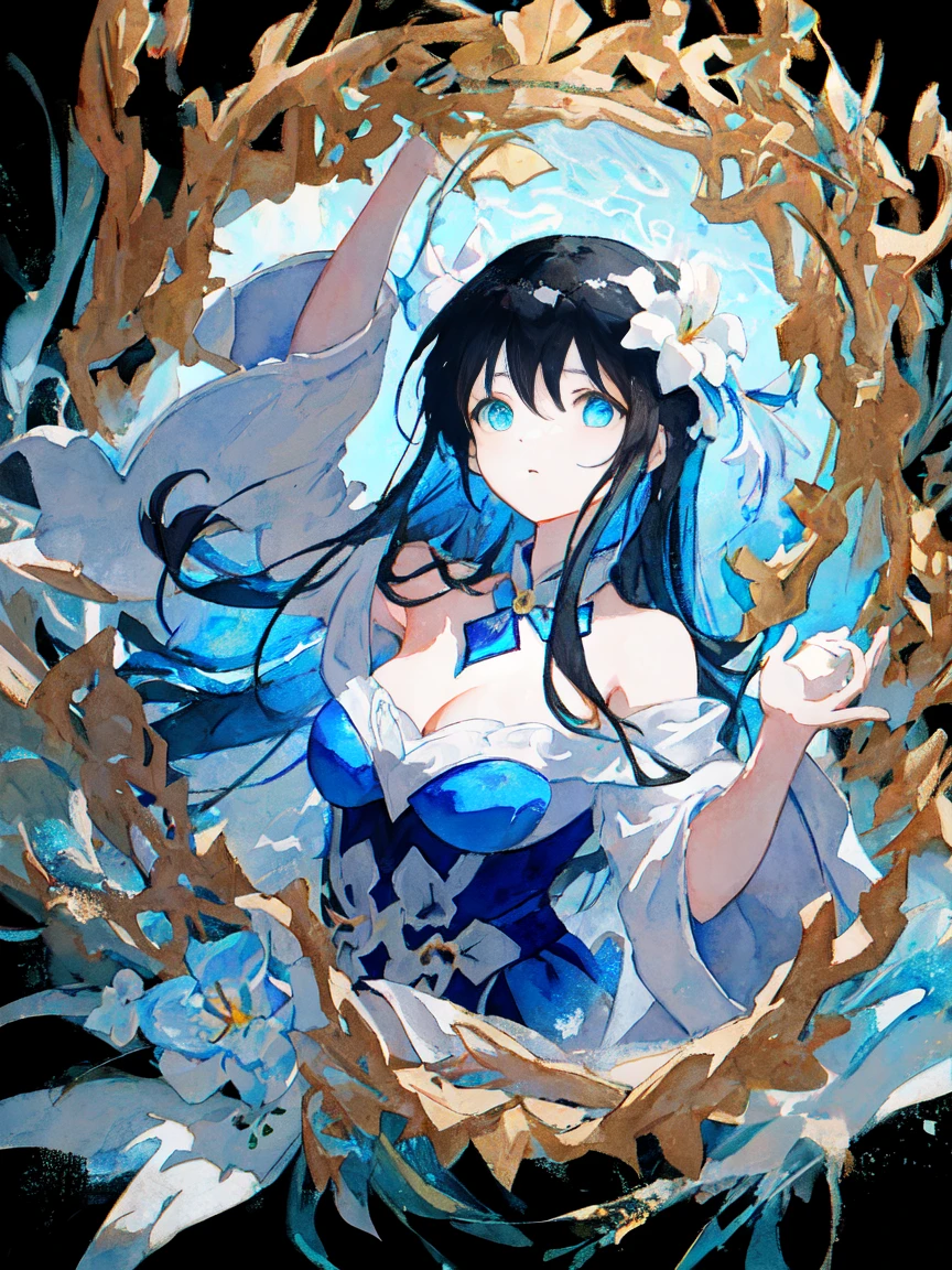 [(white backgrounid:1.4)::5], [(transparent background:1.3)::5],
\\
tmasterpiece,Best quality at best,extremely detaild的 CG unified 8k wallpapers,white the hair,long_the hair,the hair glass flower,Cyan eyes,small,ink and watercolor painting,Blue Themes,Big Cleavage_Manteau,glass ground,1个Giant Breast Girl,flat shading,The upper part of the body,of shoulders,hiddenhands,pretty eyes,dynamicposes，黑色the hair，glossy black hair