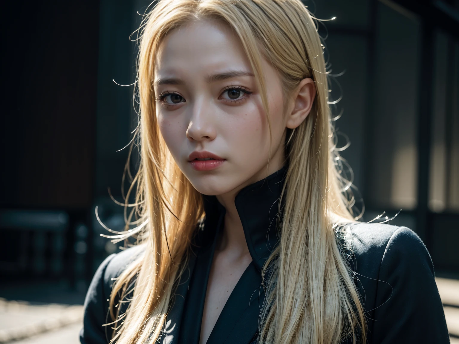 Best Quality, Masterpiece, The ultra-Highres, (Photorealistic:1.4), Raw foto, 1Girl, Blonde hair, Blue Eyes, detailed eyes and face, Black suit, Dynamic lighting, Dark In, Deep Shadow, Low Key, Cowboy Shot Telegraph