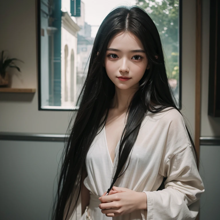 long hair, low-tied long hair, baggy clothes, eyeball, sharp eyes, beautiful, Surrealism, Surrealism, Contemporary art, Realism, first-person view, f/1.8, UHD, masterpiece, 16k, 8k, smiling