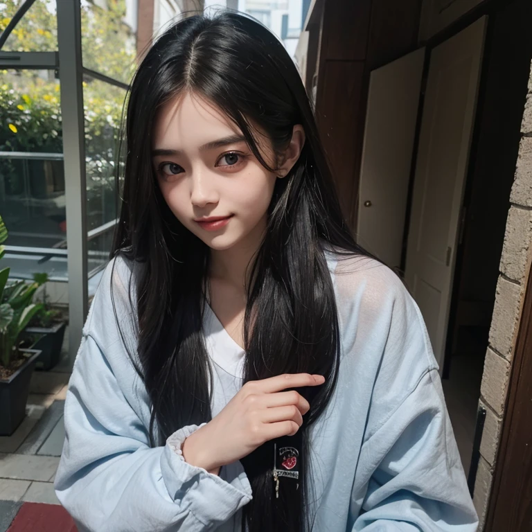 long hair, low-tied long hair, baggy clothes, eyeball, sharp eyes, beautiful, Surrealism, Surrealism, Contemporary art, Realism, first-person view, f/1.8, UHD, masterpiece, 16k, 8k, smiling