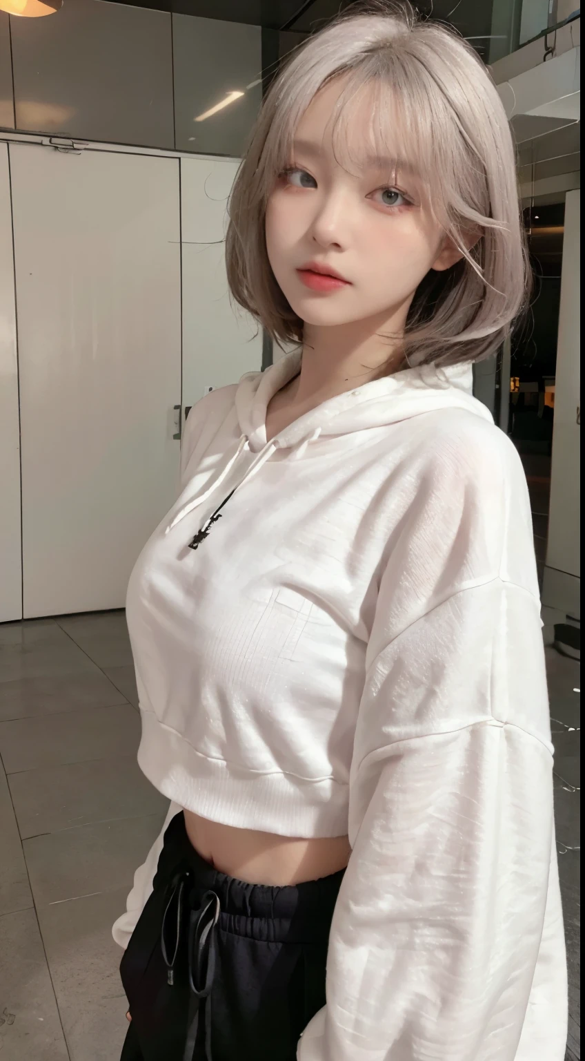 Top image quality、Raw photography、超A high resolution、21-year-old Korean、韓国アイドル、small tits、Dynamic angles、Cowboy Shots、The most beautiful forms chaos、elegent、Brutalist design、Beautiful white hair、a short bob、smil、shiny white skin、Beautiful eyes with random colors、Very beautiful eyes down to the details、elongated eyes、thin lipss、pale pink blush、long eyeslashes、beautiful double eyelid、eyeshadows、Black Hoodie 、Harlem pants、Large park、shot from a side angle、sexy pose