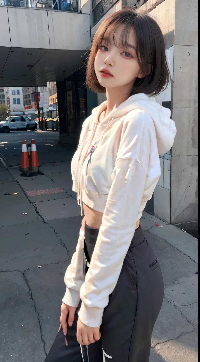 1girl, wearing hoodie, glasses, large breasted, slender figure, slim abs, thick thighs, in the street, sunset, (masterpiece),(best quality),raw photo, realistic, naked-hoodie