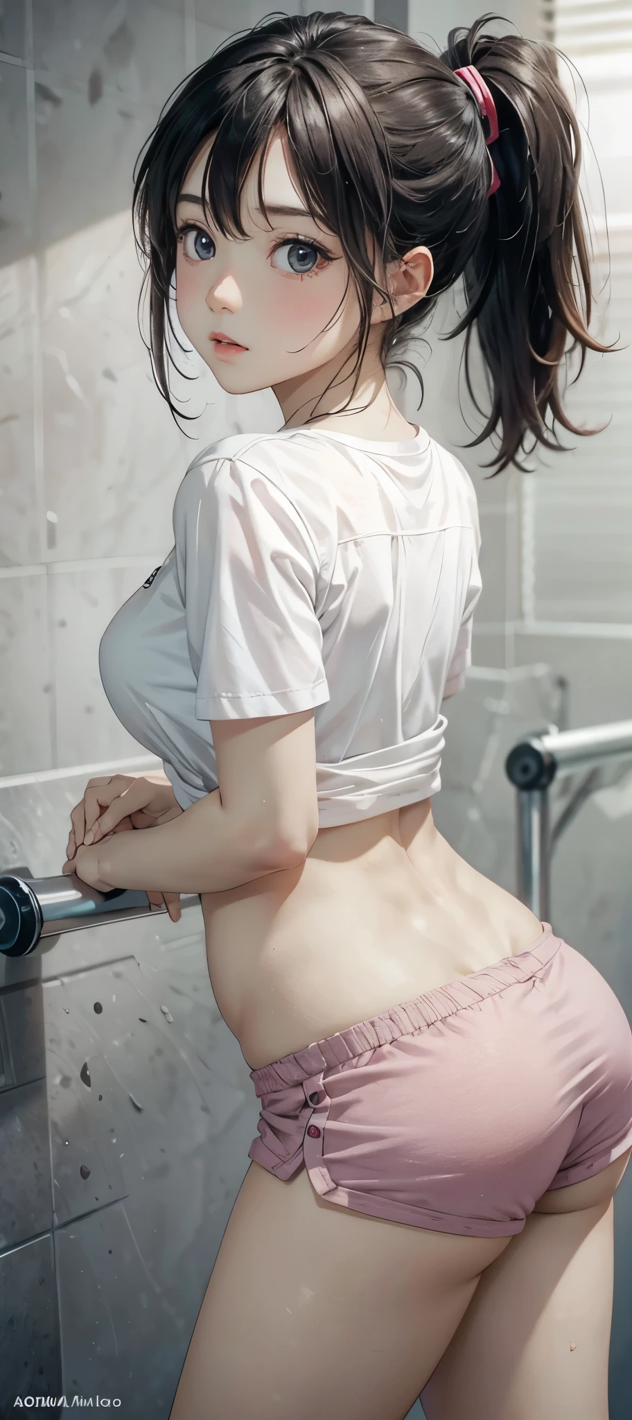 8K、realstic、Adorable Girl . Very Kawaii , Round Face . Solo , Slim , Medium Breasts , Short Stature . Glossy Skin . Plain White T-shirt . Booty Shorts . Dynamic Pose . Dynamic Angle . No Background , White Background , looking at viewer