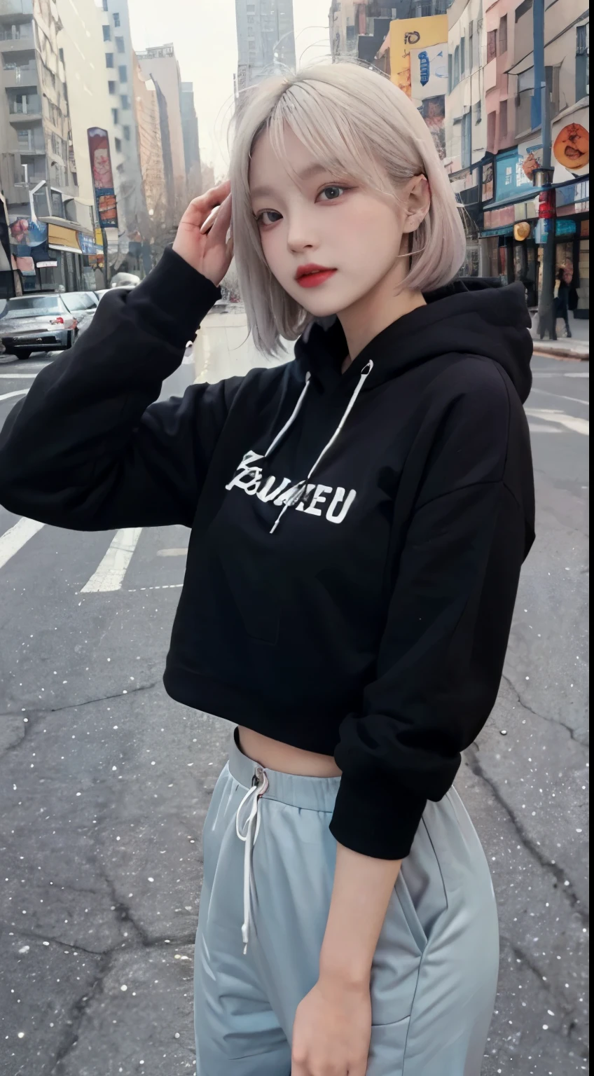 Top image quality、Raw photography、超A high resolution、21-year-old Korean、韓国アイドル、small tits、Dynamic angles、Cowboy Shots、The most beautiful forms chaos、elegent、Brutalist design、Beautiful white hair、a short bob、smil、shiny white skin、Beautiful eyes with random colors、Very beautiful eyes down to the details、elongated eyes、thin lipss、pale pink blush、long eyeslashes、beautiful double eyelid、eyeshadows、Black Hoodie 、Harlem pants、Large park、shot from a side angle、sexy  pose