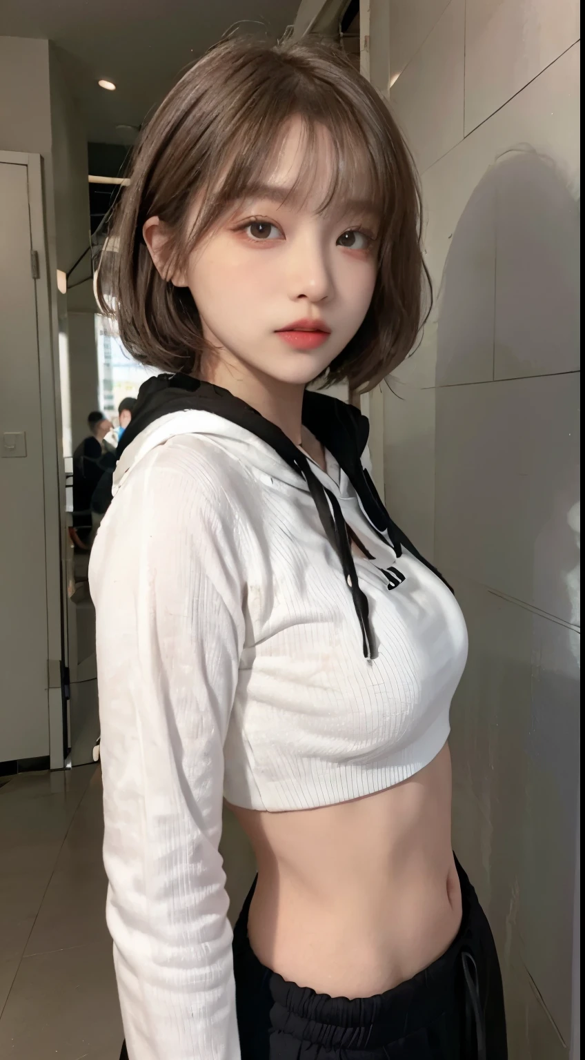 Top image quality、Raw photography、超A high resolution、21-year-old Korean、韓国アイドル、small tits、Dynamic angles、Cowboy Shots、The most beautiful forms chaos、elegent、Brutalist design、Beautiful white hair、a short bob、smil、shiny white skin、Beautiful eyes with random colors、Very beautiful eyes down to the details、elongated eyes、thin lipss、pale pink blush、long eyeslashes、beautiful double eyelid、eyeshadows、Black Hoodie 、Harlem pants、Large park、shot from a side angle、sexy pose