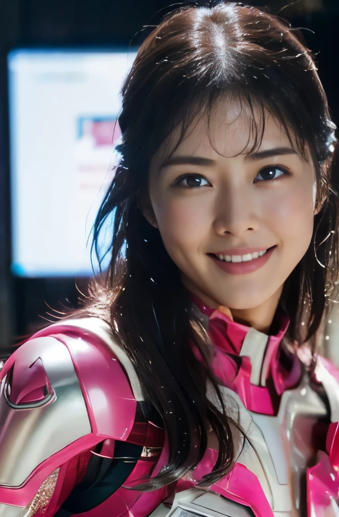 pink power range lemele、Realistic, shiny dark pink and white suit、Power Rangers Bodysuit、professional photograpy、Does not expose the skin, Japanese Models,The skin is not exposed、fleshy body, A smile、Colossal tits、A dark-haired、s Office、Sweaty face、Wet hair