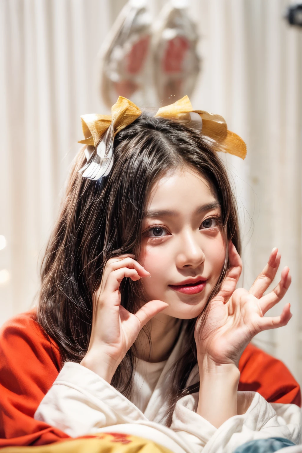 masterpiece、8K、32K、top-quality、(A detailed eye)、(A cute Japanese woman、bangss:1.3)、23years old、1 girl in、elegent、(Detailed background depiction、portlate:1.2)、(illuminations:1.5)、Cheerful
